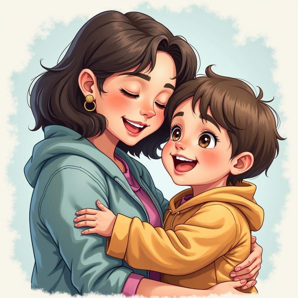 The image shows a mother and her young child sharing a joyful moment together. The mother is wearing a light blue hoodie, and her hair is styled naturally. The child, dressed in a cheerful yellow hoodie, is grinning widely. They are embracing each other, exuding warmth and love. The background is a soft blue, adding to the affectionate atmosphere of the scene.