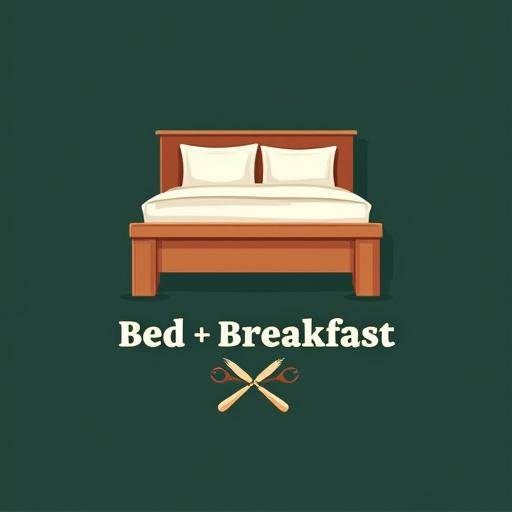 Logo design featuring a wooden bed frame with white bedding. Text 'Bed & Breakfast' below the bed. Crossed forks and knives as a graphic element. Dark green background. Warm and inviting presentation.