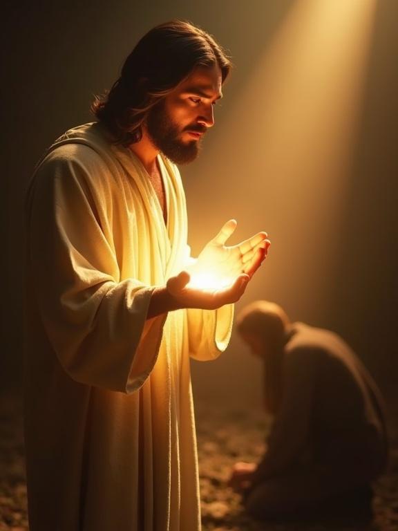 Ultra-realistic devotional image showing Jesus extending hand with warm light. Compassionate expression on his face. Skin texture is realistic. Linen robes flow naturally. Silhouetted figure in dark environment. Light signifies hope over depression. High detail art style resembling 35mm film.