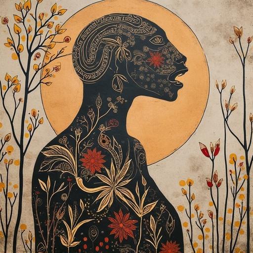 Sgraffito art features a woman's silhouette adorned with plants and flowers. The background is a warm, circular design. A unique blend of color and forms creates a harmonious composition.
