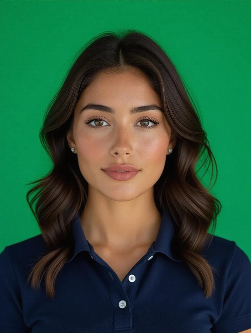 Portrait of a woman with shoulder-length wavy hair against an emerald green background. She has defined eyebrows and brown eyes with subtle makeup. Wearing a navy blue polo shirt with buttons. Expression is neutral and professional. The lighting is even for a clean look. Framed from below the shoulders up.