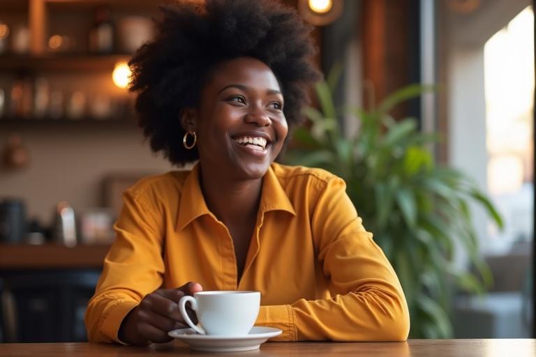 Smiling African woman in a coffee shop having a cup of coffee. She sits at a table and looks left. She wears a bright yellow shirt. The image features a gradient background with colors #dc51ff and #00cbff.