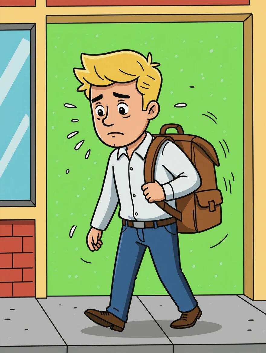 A blond man with spare hair is walking outside with a backpack expressing sadness. He has just lost his job. The background is green. The style is comic-like.