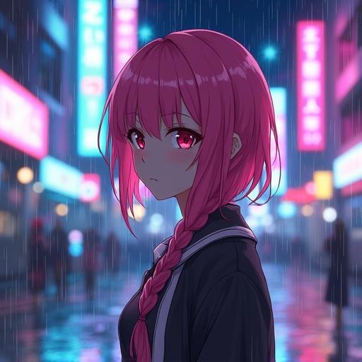 Anime girl with pink hair stands in neon city. Contemplative expression. Bright neon signs illuminate night. Rain creates reflective surface enhancing colors. Blend of urban life and anime aesthetics.