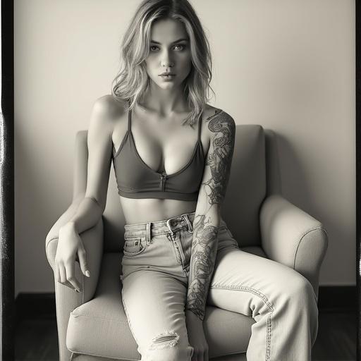 Tintype photograph of a young woman. She has a slender physique and is sitting on a light-colored armchair. She wears a sports bra and light-wash, frayed jeans. Her skin is pale and has shoulder-length, wavy blonde hair. She has multiple visible tattoos. The setting has a plain, light wall. The woman looks directly at the camera with a neutral expression and has a cigarette in her mouth. The photo is well-lit and minimalist in style.