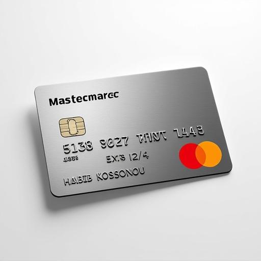 Realistic image of a credit card featuring a Mastercard logo. Card number appears as 5133809776074349. Name HABIB KOSSONOU is aligned under the logo. Expiry date is 12/26. Background is clean and silver.