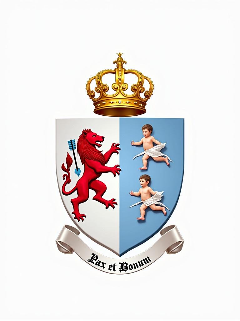 This image is a coat of arms featuring heraldic elements. The shield is quartered with white and light blue. A red lion rampant is displayed in the upper left. A child wrapped in cloth is shown in the lower right. Another child wrapped in cloth appears in the upper right section. A gold coronet is above the shield. A ribbon with 'Pax et Bonum' is located below the shield. The design combines traditional heraldic art with a modern touch.