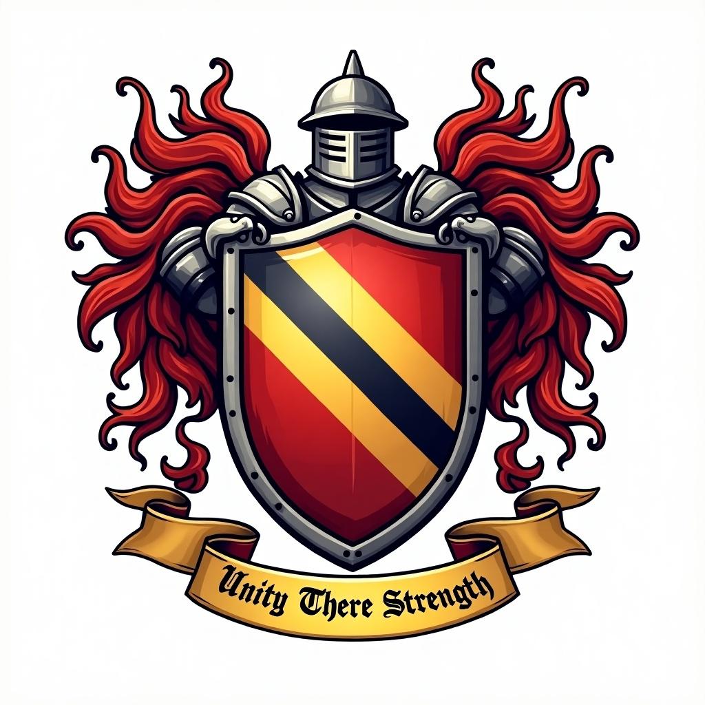 Personalized family crest with a knight centered on the shield. The shield features a diagonal stripe and includes the motto Unity There Strength.