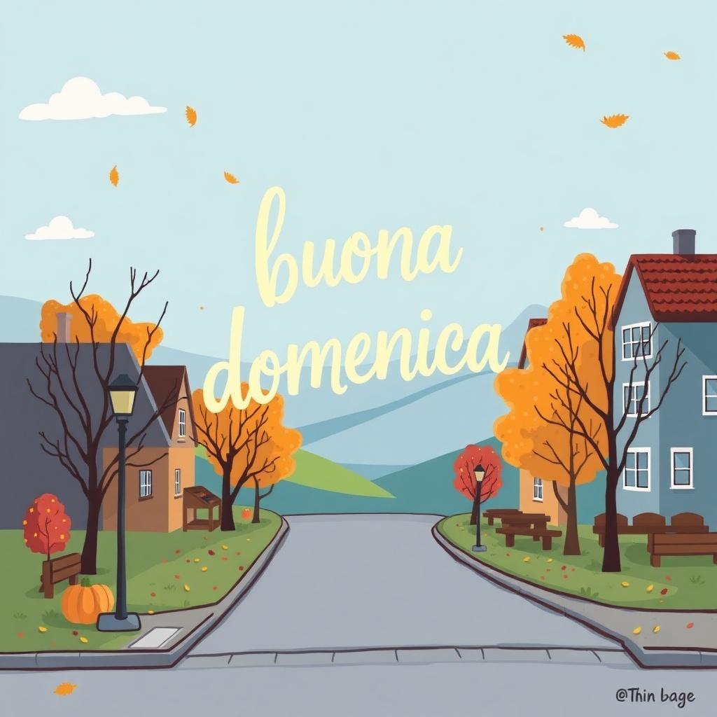 A cozy illustration of a village street in autumn with fall leaves and trees, featuring the Italian phrase 'buona domenica' in the center.