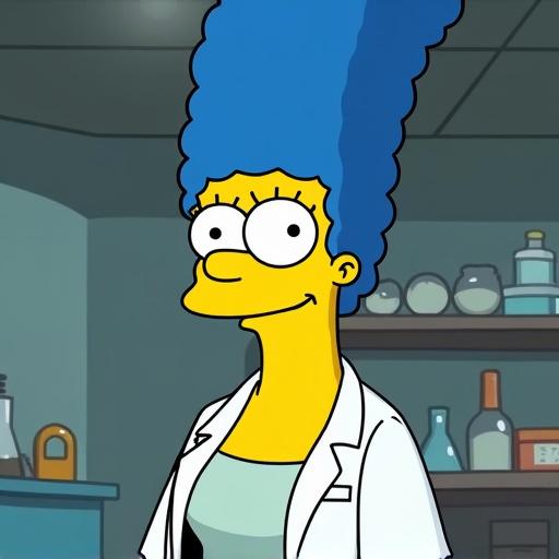 Marge Simpson is depicted as a lab assistant in a laboratory setting. She has vibrant blue hair styled in a high beehive hairstyle. Her cartoon eyes have pupils with black dots. Marge wears a lab coat over a slightly translucent tank top with a prominent neckline. The background features laboratory objects and a friendly environment.