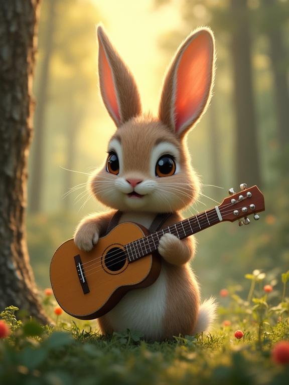 Baby bunny with guitar in a forest. Eyes wide open portraying beauty. Storybook-style illustration.