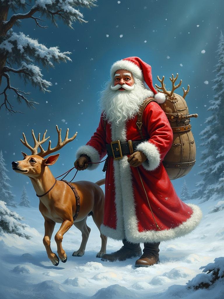 A magical Santa in the snow with a reindeer. He wears a red suit with white trim. He has a large bag on his back. Christmas trees in the background. Snow falling gently.