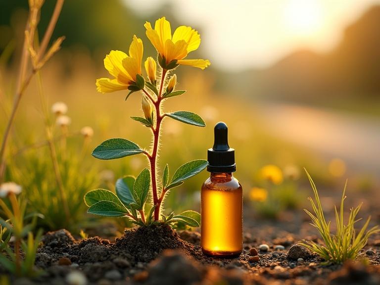 Natural scene showing Evening Primrose plant and an amber dropper bottle of oil. Plant has yellow flowers and lance-shaped leaves. Background suggests a sunlit meadow. Focus on plant and oil connection. Soft golden-hour lighting enhances atmosphere.