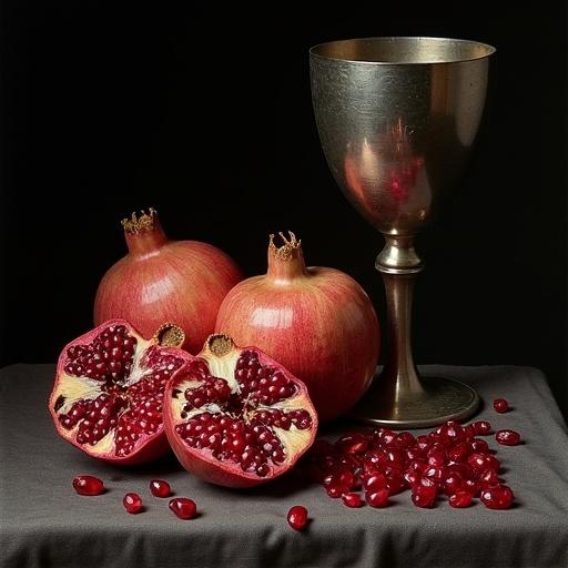 Still life display with opened pomegranates revealing red seeds. Metallic pewter goblet beside whole pomegranates. Focus on chiaroscuro lighting and reflections.