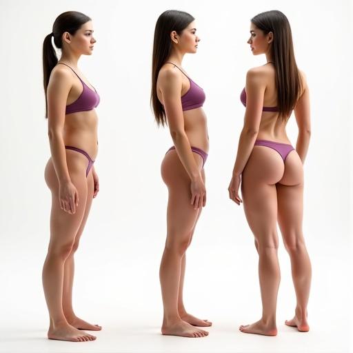Athletic female model displayed in profile. She stands upright with natural body curvature. Emphasis on body measurements. Each angle emphasizes posture and silhouette.
