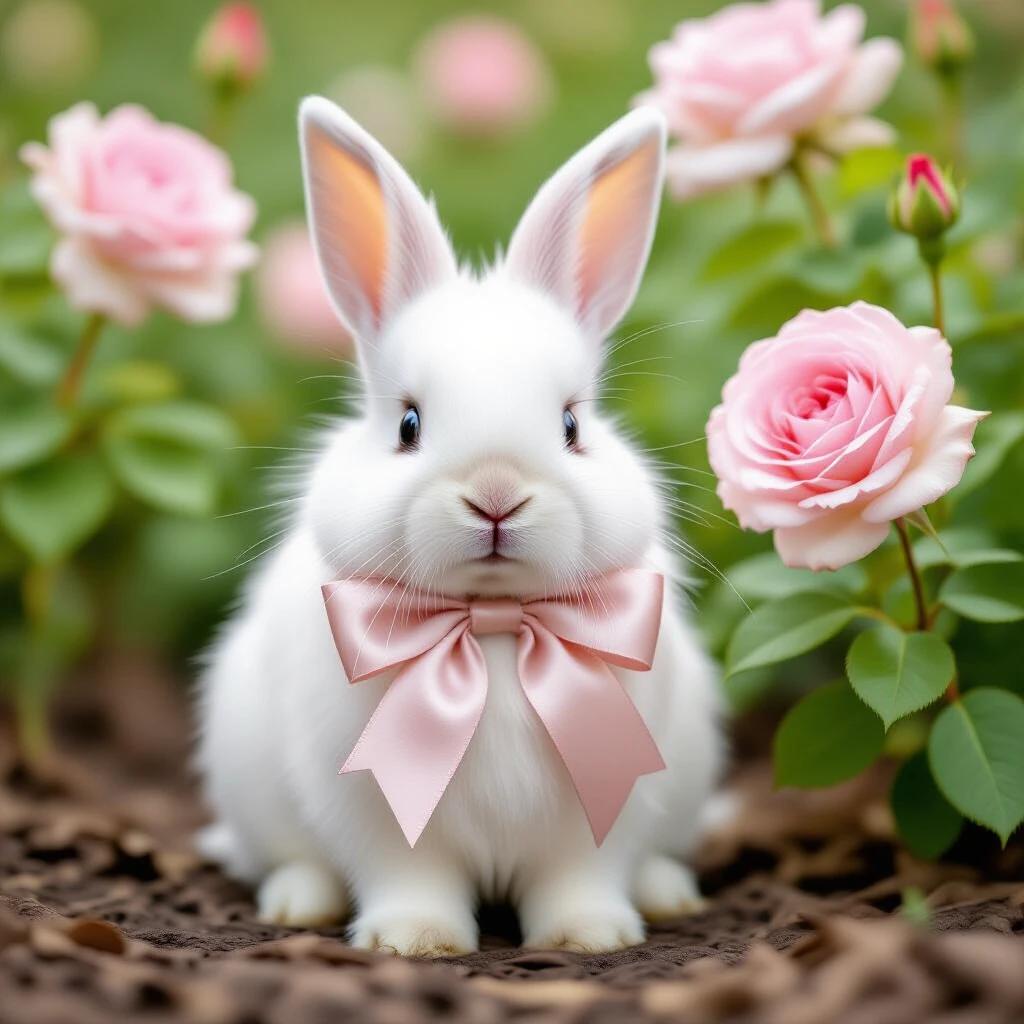 A white bunny sits in a rose garden. The bunny wears a light pink bow. Surrounding the bunny are blooming pink roses. The background is filled with green leaves and soft lighting.