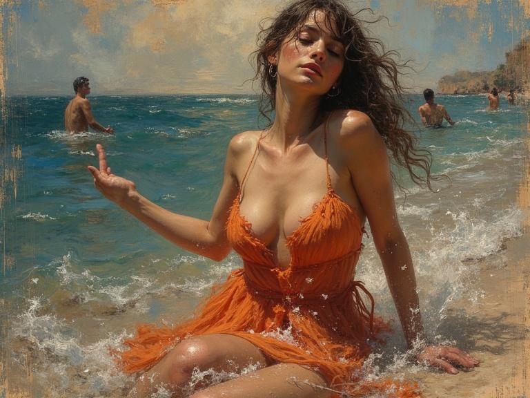 Impressionist painting showcasing a woman in an orange dress seated at the beach. Textured brushstrokes and multiple layers create depth. The ocean waves splash around her. The background features other individuals enjoying the beach.