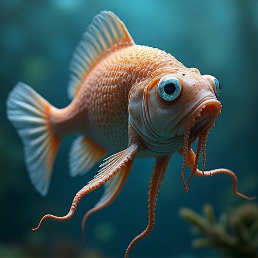A fish features squid tentacles. The fish is orange with prominent eyes. Textured body resembles a hybrid between fish and squid. Tentacles extend gracefully in an underwater setting.