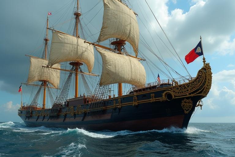 An impressive historic sailing ship with large sails. Ship has detailed carvings, flowing sails, and is navigating through ocean waves under a cloudy sky. Island or land is not visible in the background. High visibility of craftsmanship on the ship.