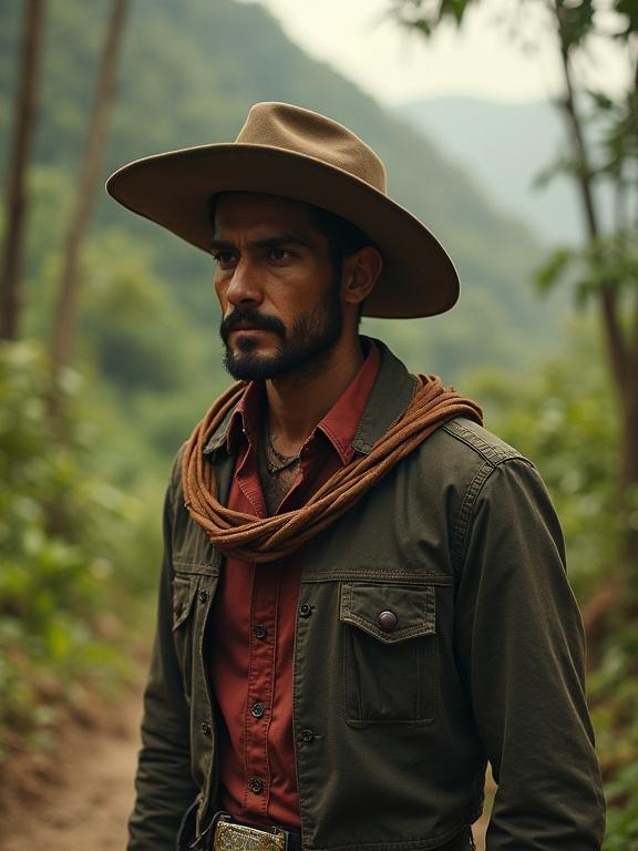 Photorealistic portrayal of a Spanish man in South American Amazonia. He wears outdoor clothing and a wide-brimmed hat. The background features nature in a hostile environment. No fictitious creatures present.