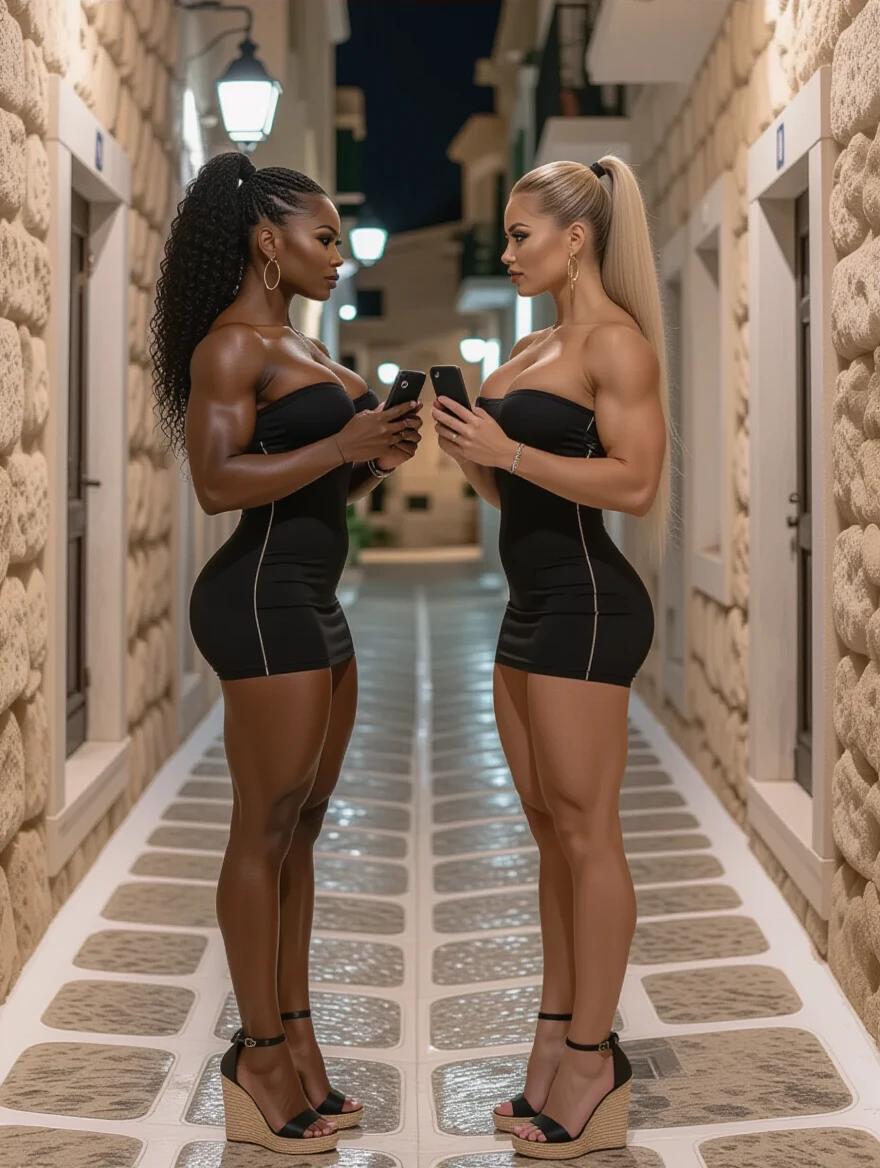 Two muscular bodybuilder women. One is black with curly hair. The other is white with straight blonde hair. Both wear tight black dresses and high heels. They stand in a Mykonos alley at night. They hold iphones facing each other.