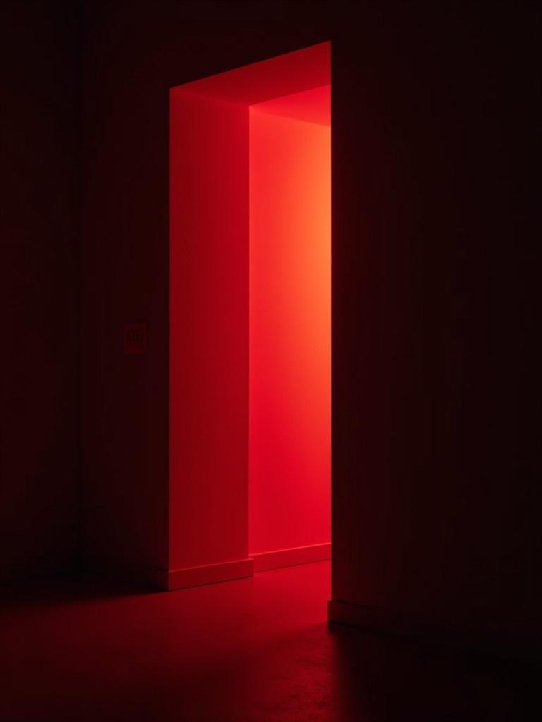 A dark room with a bright red light coming through an open door. The doorway glows vividly against the shadows of the surroundings.