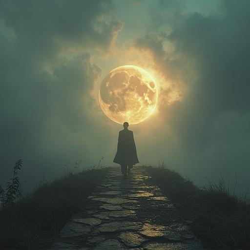 A person walks on a stone path in a dark landscape. Behind them is a large moon shining brightly through the clouds. The atmosphere feels mystical and serene. The figure is silhouetted against the glow of the moon.