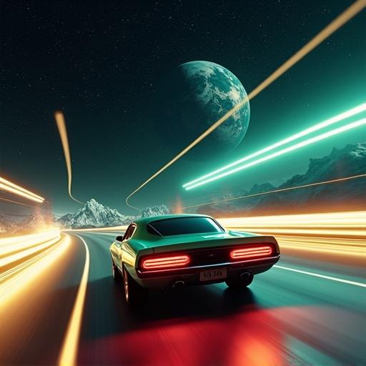 Sleek retro-futuristic muscle car in mint green speeds on glowing curved light-trail highway in outer space. Strong red glow from rear lights. Illuminated track made of light beams. Earth-like planet in background with landmasses. Twinkling stars in cosmic sky. Low angle perspective enhances motion.