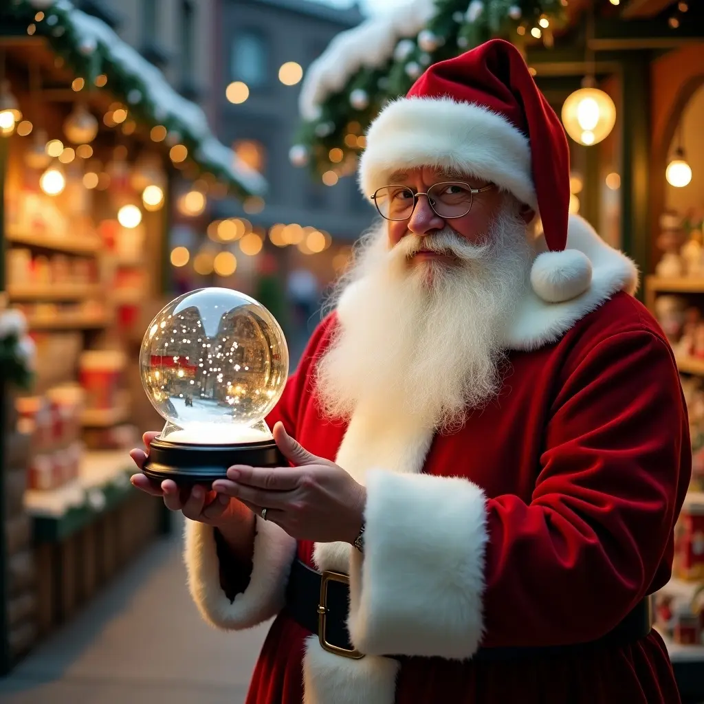 Christmas scene featuring Santa Claus dressed in red and white holding an empty snow globe. Background includes a decorated toy shop illuminated with lights.