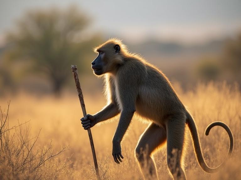 Chakma baboon standing upright holding a walking stick in the Savana bush veld. The background features golden grass and soft natural light.