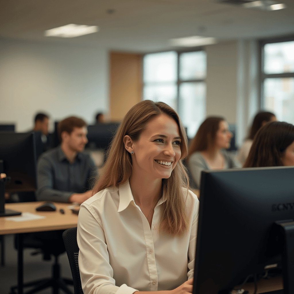 A woman in an office smiles while working at a computer among colleagues.