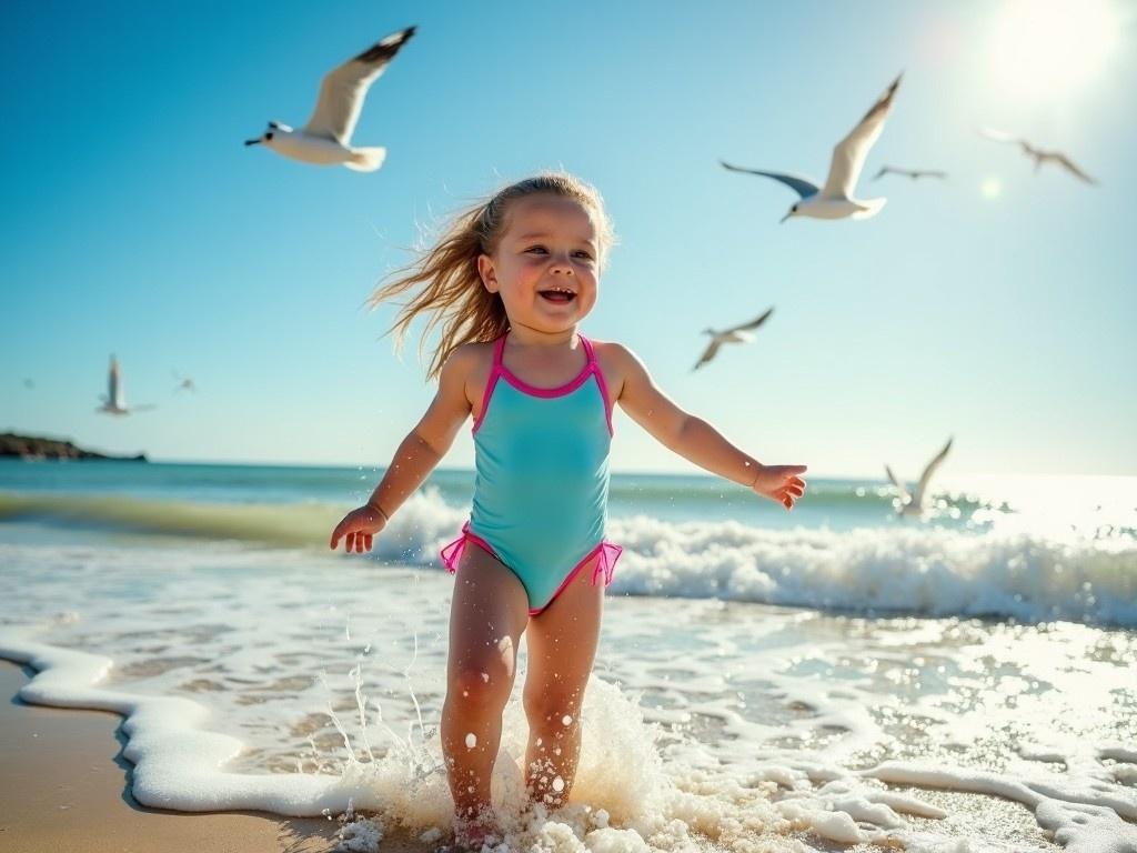 A young girl is joyfully playing at the beach, wearing a colorful sea suit. She is splashing in the shallow waves, with her hair flowing in the wind. Seagulls are flying around her, adding to the cheerful atmosphere. The sun is shining brightly, illuminating the scene with a warm glow. The sandy beach complements the clear blue ocean in the background.