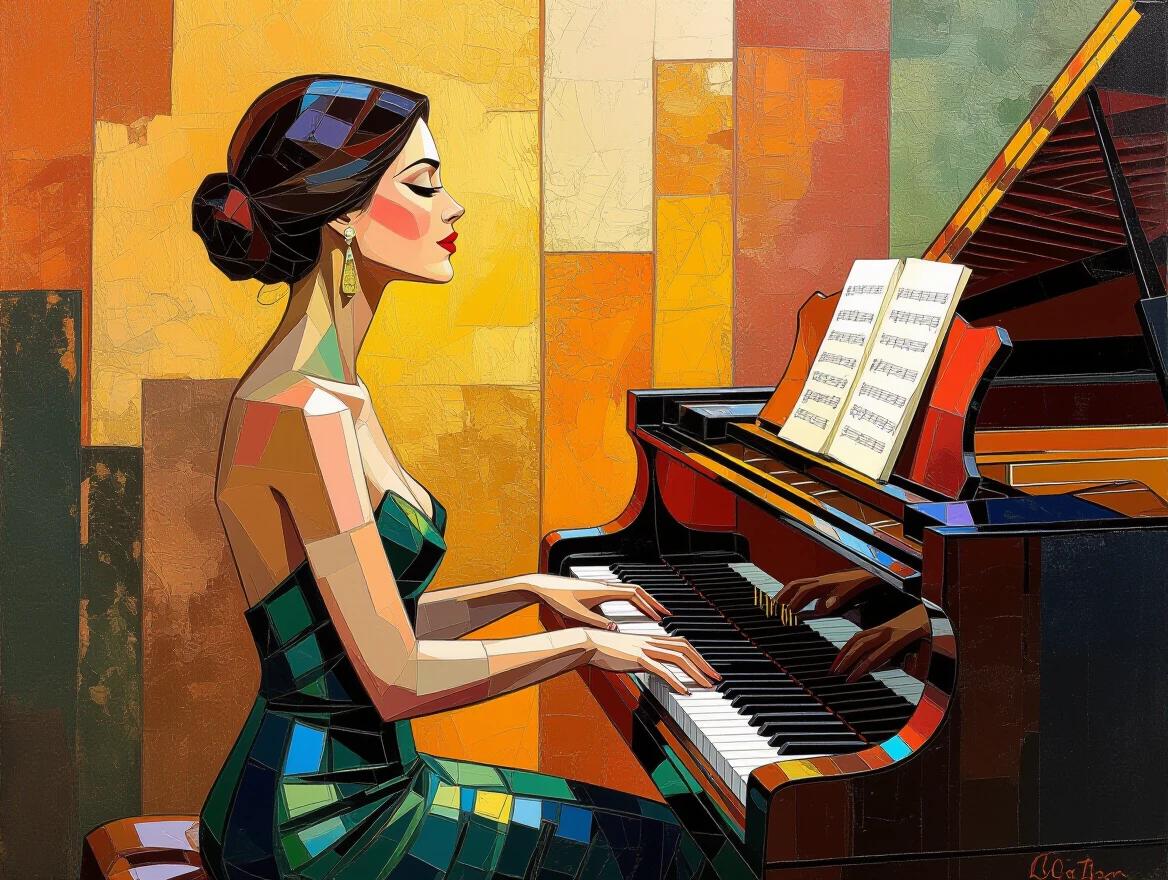 An abstract representation of a musician playing a piano. Beautiful color variations create depth. The overall style combines impressions from noted artists. The artwork features strong textures and colors.