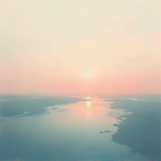 A minimalist and dreamy art composition featuring a sunset over water with soft pastel colors. The scene captures a tranquil landscape and painterly elements having a serene and calming effect.