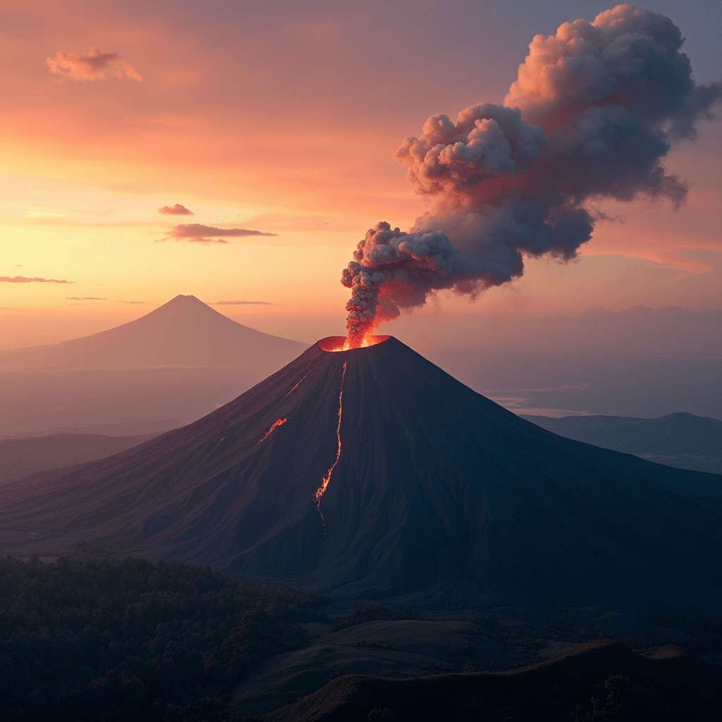 A volcanic eruption at sunset with a plume of smoke and lava flow illuminating the steep slopes of the mountain.