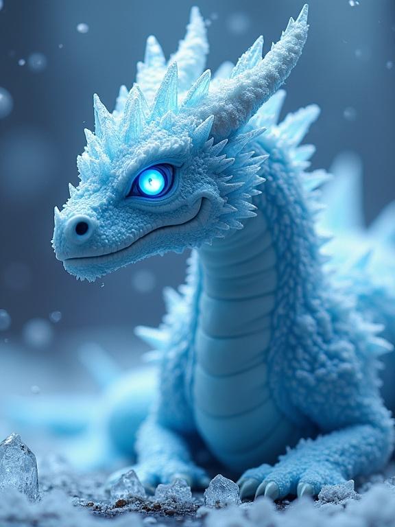 Large ice dragon covered by large ice crystals. Dragon has blue glowing eyes. Highly detailed illustration.