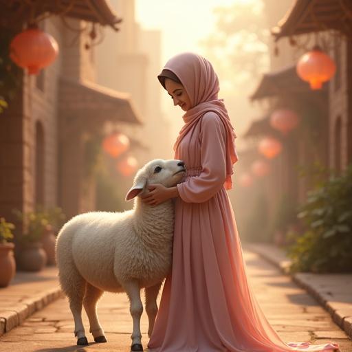 A hyper-realistic digital artwork of a young woman in a beautiful Eid setting. She wears an elegant outfit and silk hijab. A fluffy white sheep stands beside her, gazing affectionately. The street has a magical quality with soft glowing light.