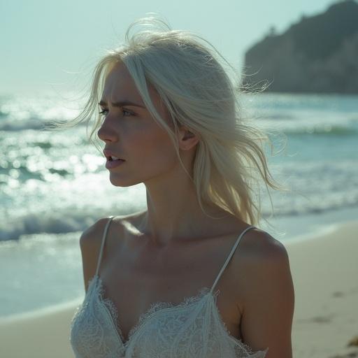 Woman with white hair crying at the edge of the sea