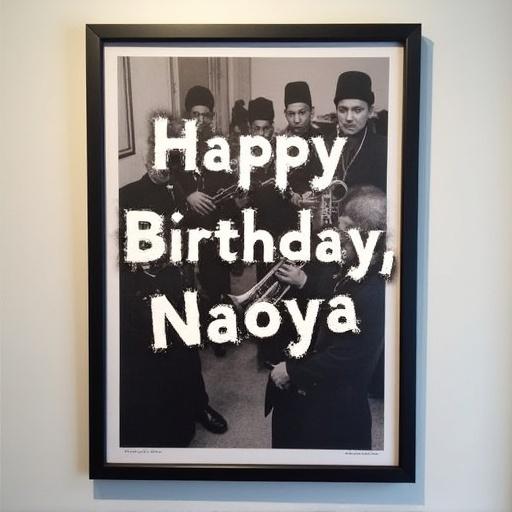 A framed poster displays the text 'Happy Birthday, Naoya' in spray-paint style over a black-and-white picture featuring members of a multi-ethnic brass band.