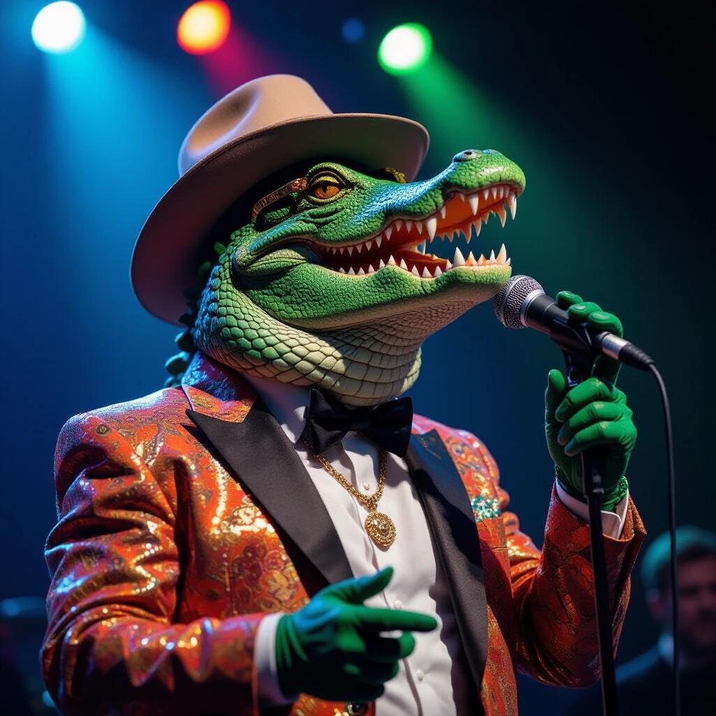 A colorful photo of a jazz singer with a crocodile head. The singer is in a luxurious suit with a hat. The character holds a microphone and performs passionately.