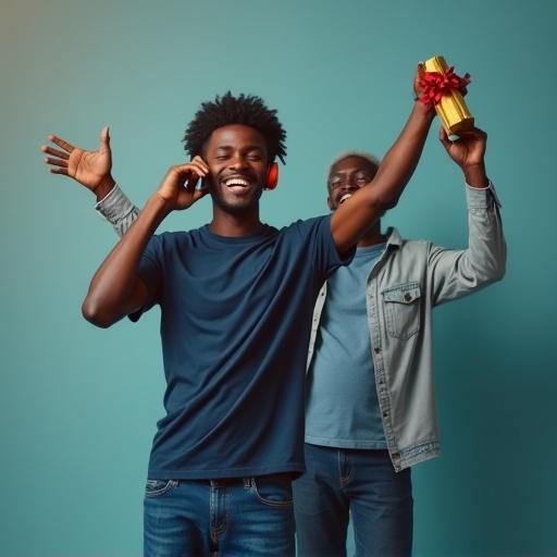 Cheerful young man from Trinidad talking on the phone in front. Middle-aged father celebrating in the background. Both show joy and excitement. The scene has a cyberpunk style with blues, golds, and hints of red. A festive atmosphere for Father's Day.