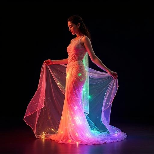 A young woman wears a vibrant, luminous saree made of translucent material with embedded fiber optic lights. The colors include red, orange, yellow, green, blue, and purple. The fabric drapes in flowing patterns. The saree is elegantly styled, allowing movement. The woman is positioned slightly off-center, in a languid pose with outstretched arms. Her slender body and downward gaze add grace. The dark background enhances the light effects of the saree. The lighting creates a dynamic atmosphere, showcasing colorful glowing effects.