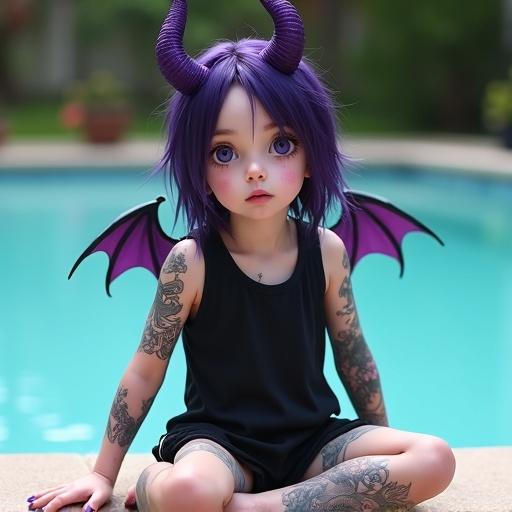 Young boy with pale skin and long dark purple hair sits at swimming pool's edge. He has purple devil horns, bat-like wings, and tattoos on his arms. Tattoos feature floral designs and a dragon. Outfitted in black sleeveless shirt and shorts. Purple nail polish and a ring on right finger. Pool is light teal with blurry green background.