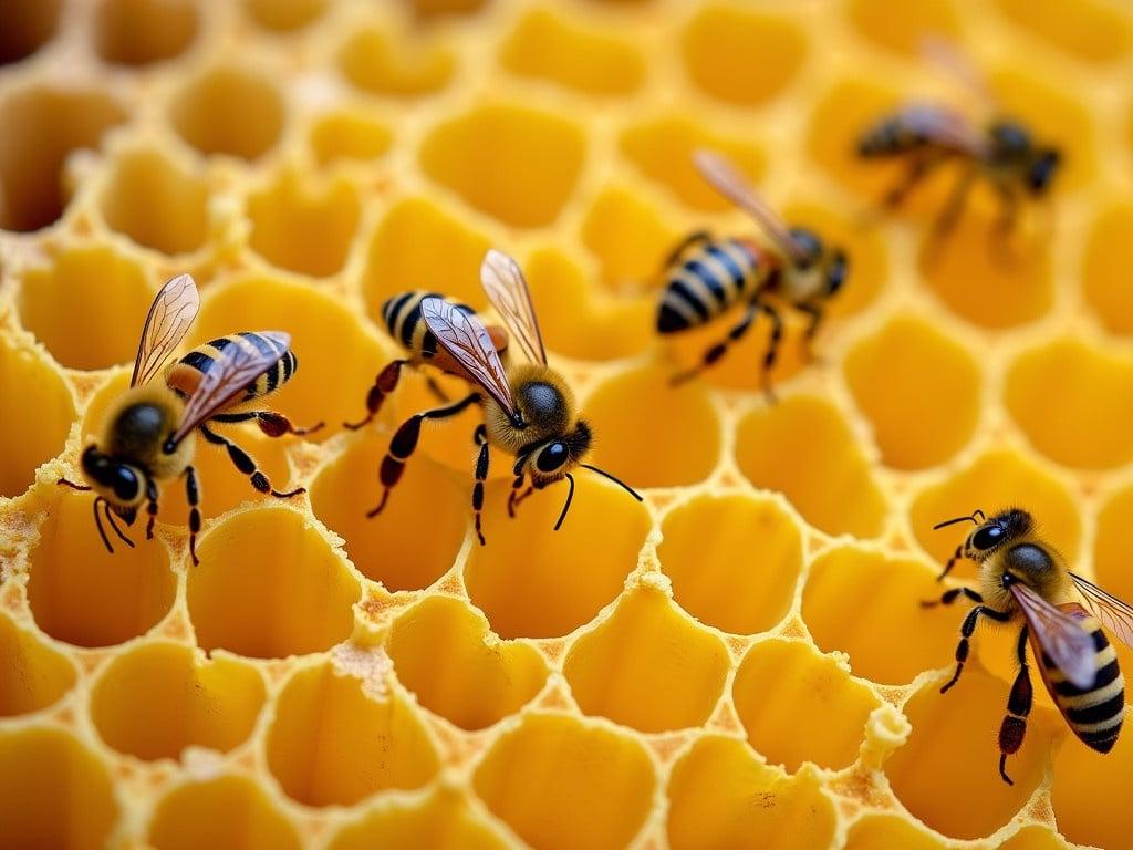 This image features a close-up view of a honeycomb structure. It shows several bees crawling over the hexagonal cells. The honeycomb is bright yellow, highlighting the natural texture and pattern. The bees have distinct black and yellow stripes, showcasing their detailed anatomy. It is an intimate look into the life of bees and the design of their hive. The image captures the busy nature of bees as they work within their colony. The background is subtle, allowing the focus to be on the bees and honeycomb.