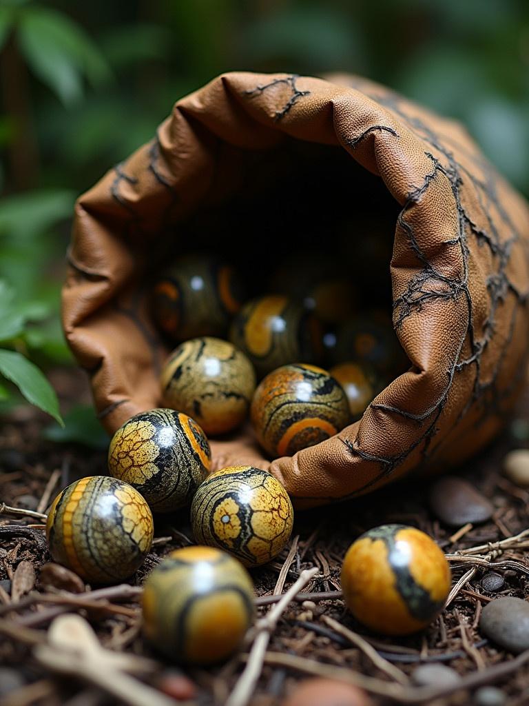 Hyper-realistic round marbles made of alligator skin with stripe inlays of exotic wood spill out of a worn sack made of scraps of natural snakeskin on a forest floor.