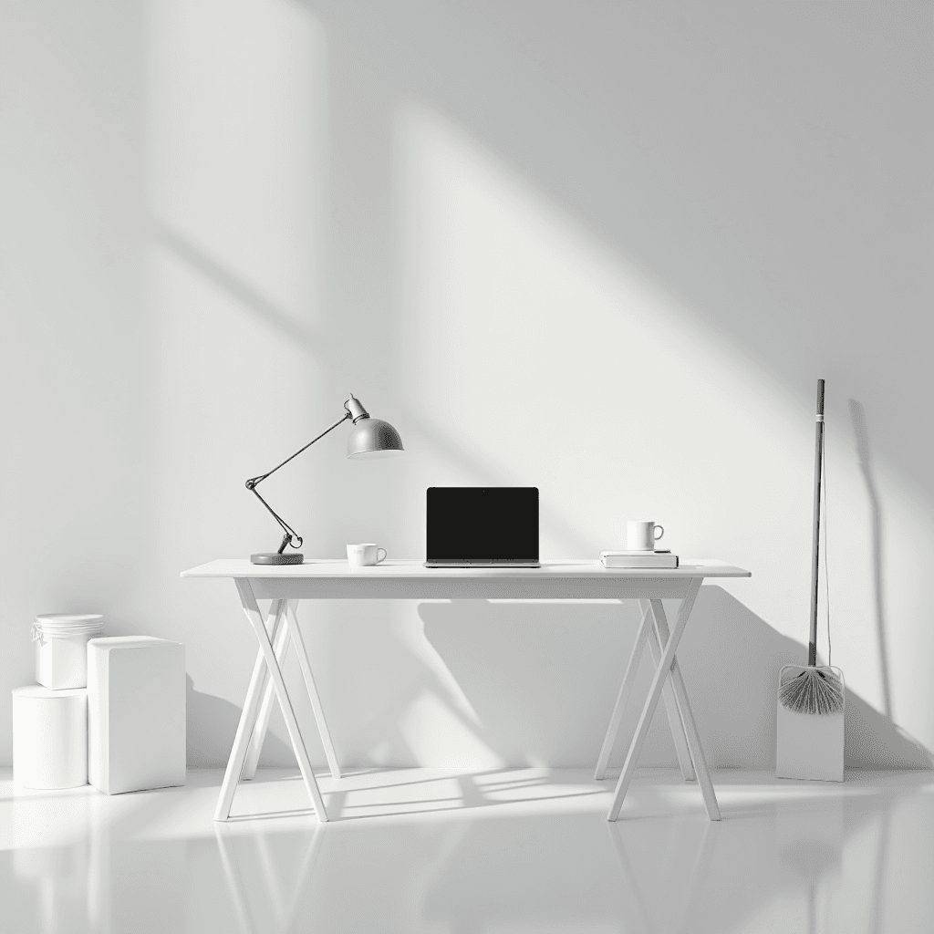 A minimalist workspace featuring a white desk, laptop, lamp, and cups, with cleaning supplies in the background.