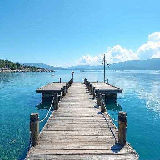 Pier in a harbor during summer at 16:00. Sky is clear and blue with soft clouds. The view looks along the wooden pier towards the sea.