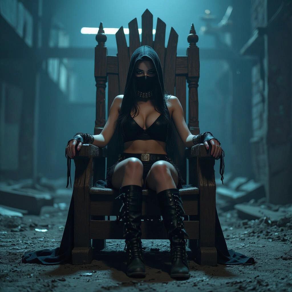 Portrait in a dark warehouse setting. A masked woman sits confidently on an impressive wooden throne. She wears a tube top and dark accessories. The atmosphere is ominous with crumbling structures in the background.