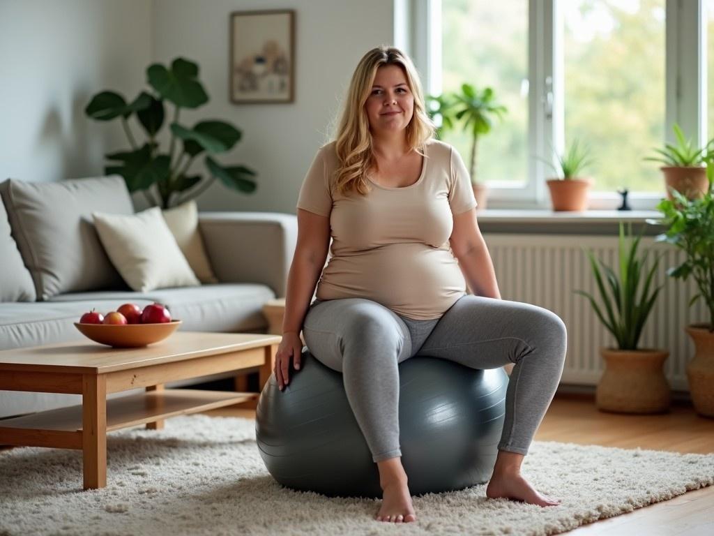 A woman with an overweight build is sitting on a yoga ball in a cozy living room. She is wearing a fitted beige top and gray leggings. Her hair is long and blonde, falling over her shoulders. The room is bright, filled with plants and comfortable furniture. A wooden coffee table nearby holds a bowl of red apples. The atmosphere looks relaxed and inviting, with a soft rug underfoot.