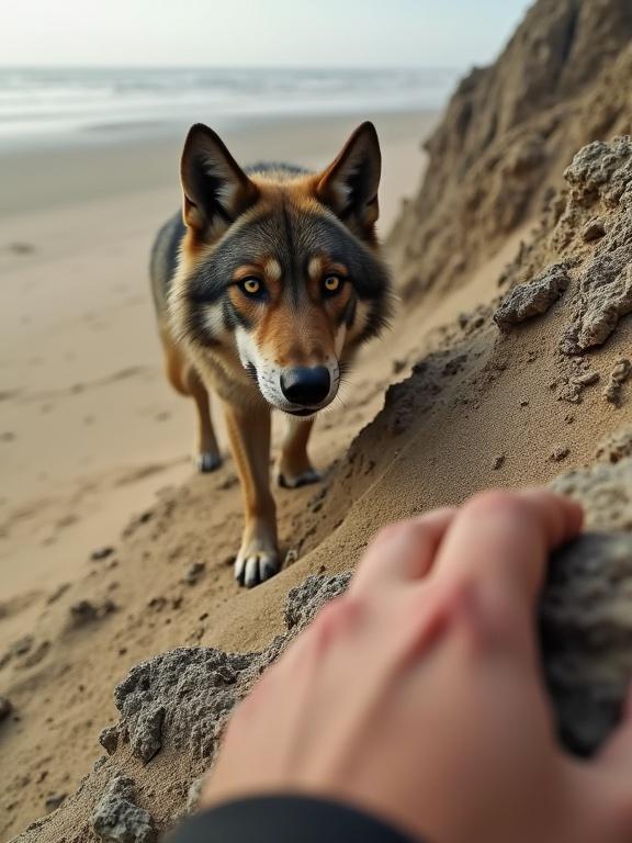 A person stands on a sandy ridge with a hand gripping a rock. A giant Dire Wolf approaches slowly, maintaining eye contact. The moment is filled with primal tension.